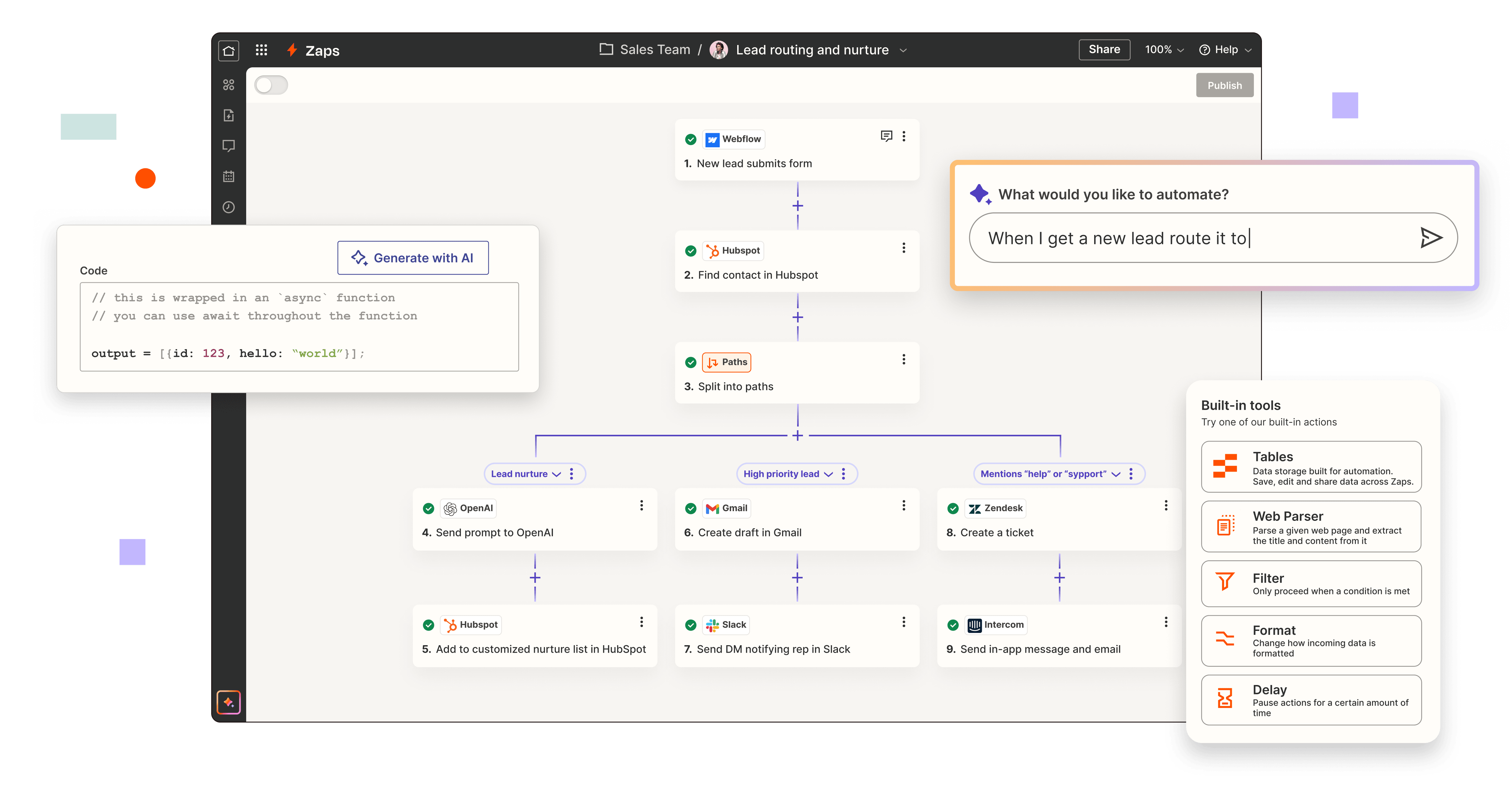 An interface of multi-step path workflow featuring Co-pilot, Built-in tools, and code step.